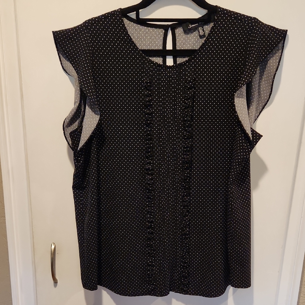 Jasmine & Juliana Black and White Polka Dot Ruffle Front Blouse L